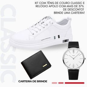 Queima Estoque - Tênis de Couro Masculino Classic [kit Tênis + Relógio]