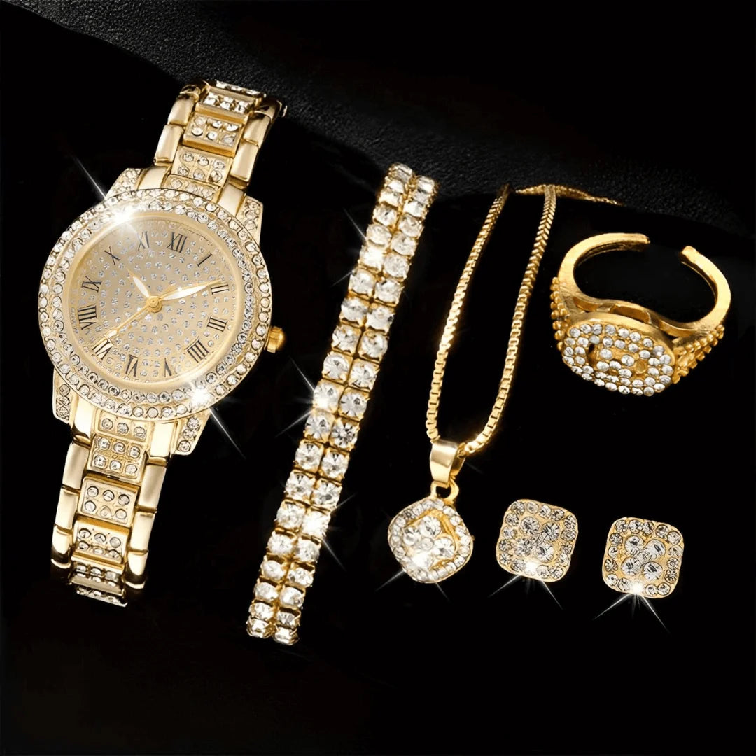 Relógio Feminino Glamour Brilhante - Compre 1, leve 4 [Brinde Pulseira, Colar, Brincos e Anel]