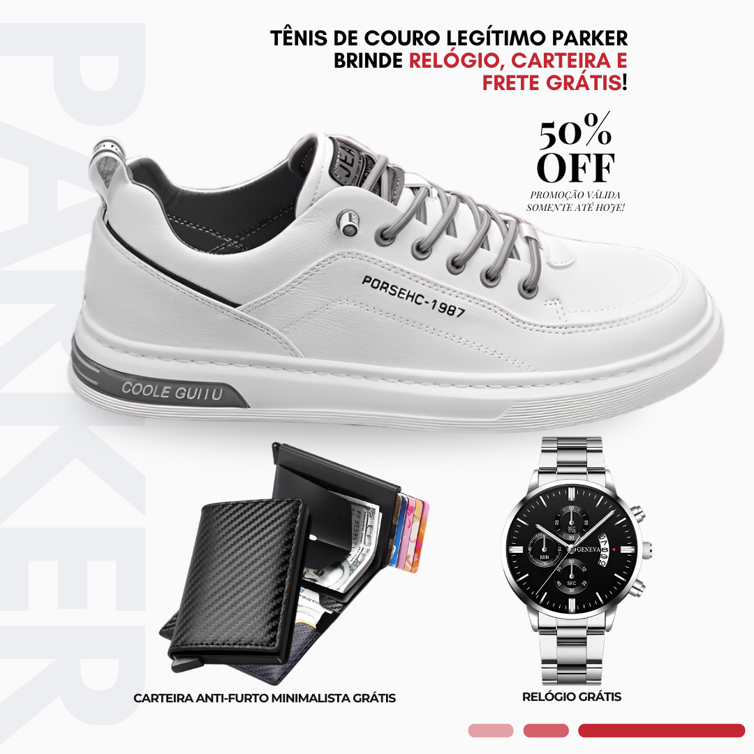 Tênis de Couro Masculino Parker [Brinde Relógio e Carteira Minimalista]