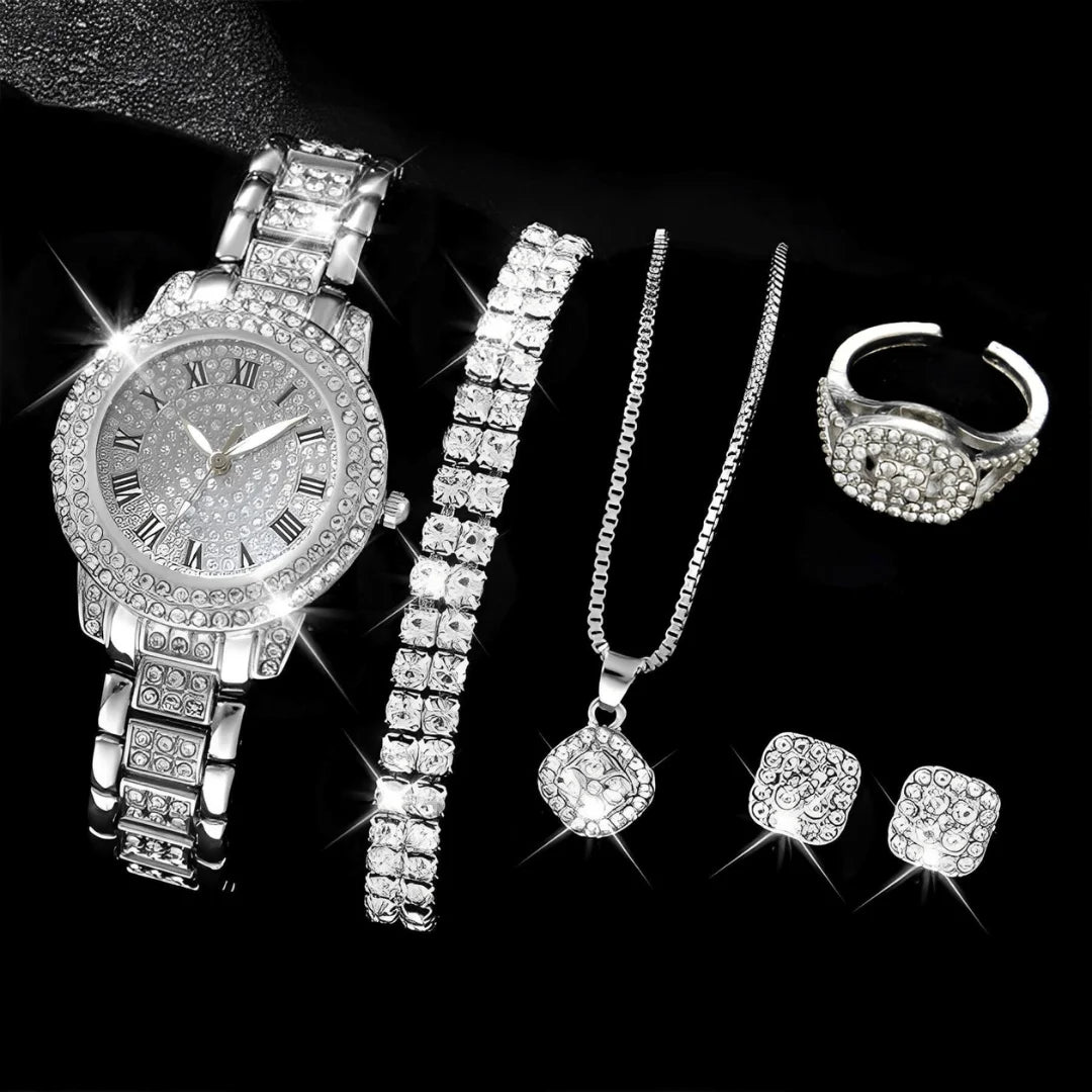 Relógio Feminino Glamour Brilhante - Compre 1, leve 4 [Brinde Pulseira, Colar, Brincos e Anel]