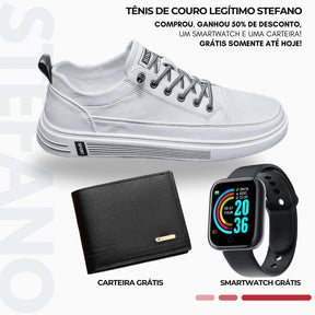 Queima Estoque - Tênis de Couro Masculino Stefano [Brinde Smartwatch + Carteira]
